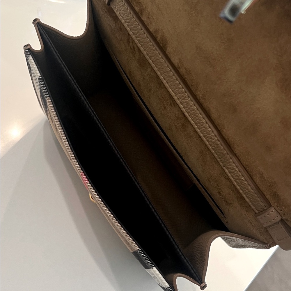 NWT Burberry Macken Leather and House Check Crossbody Bag Small Camel | Tan - Picture 11 of 16